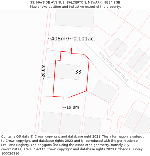 33, HAYSIDE AVENUE, BALDERTON, NEWARK, NG24 3GB: Plot and title map