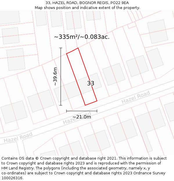 33, HAZEL ROAD, BOGNOR REGIS, PO22 9EA: Plot and title map