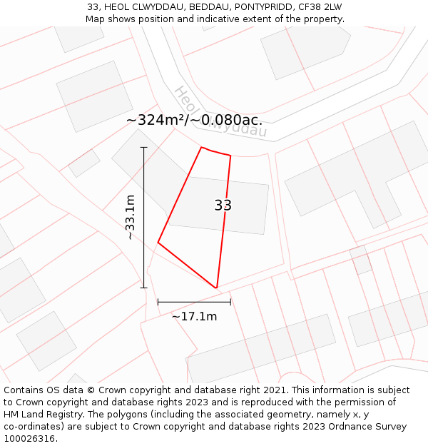 33, HEOL CLWYDDAU, BEDDAU, PONTYPRIDD, CF38 2LW: Plot and title map