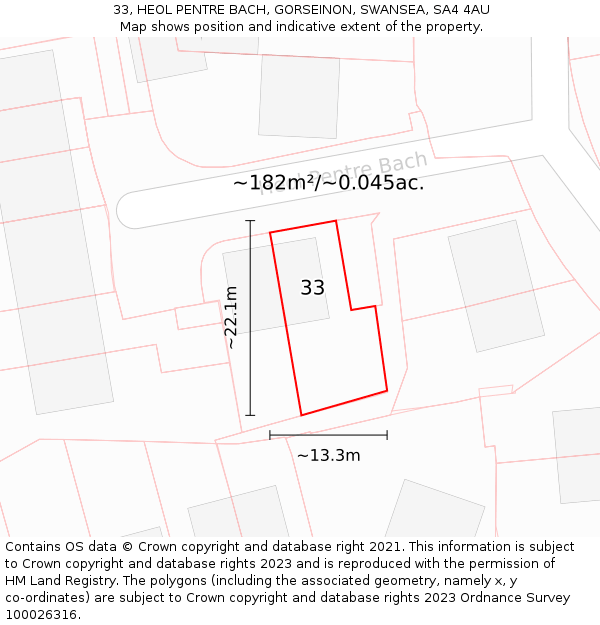 33, HEOL PENTRE BACH, GORSEINON, SWANSEA, SA4 4AU: Plot and title map