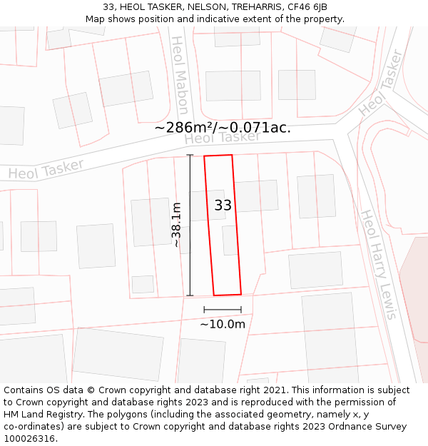 33, HEOL TASKER, NELSON, TREHARRIS, CF46 6JB: Plot and title map