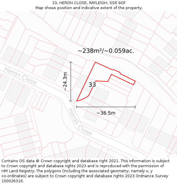 33, HERON CLOSE, RAYLEIGH, SS6 9GF: Plot and title map