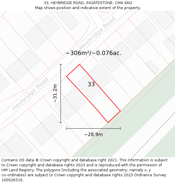 33, HEYBRIDGE ROAD, INGATESTONE, CM4 9AG: Plot and title map