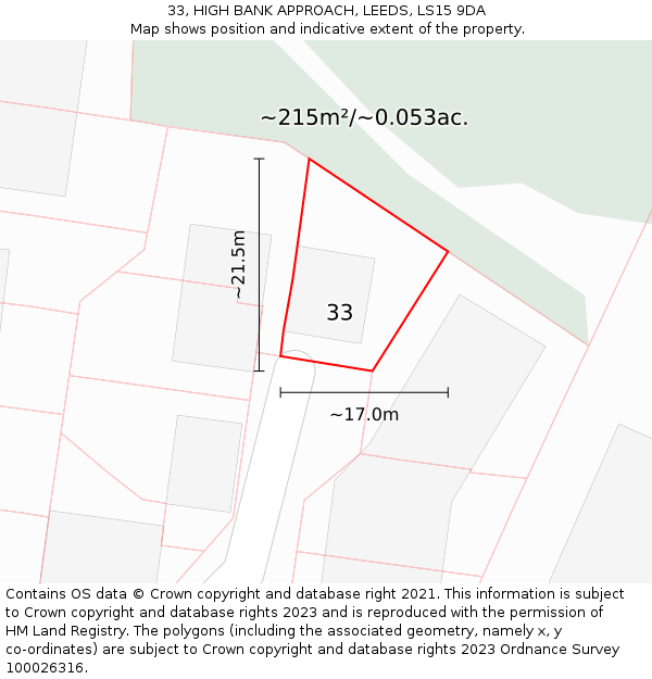 33, HIGH BANK APPROACH, LEEDS, LS15 9DA: Plot and title map