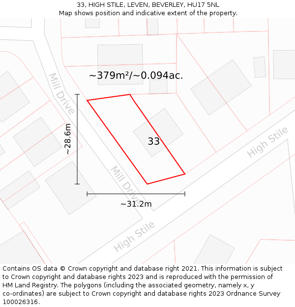 33, HIGH STILE, LEVEN, BEVERLEY, HU17 5NL: Plot and title map