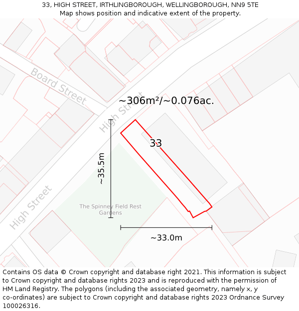 33, HIGH STREET, IRTHLINGBOROUGH, WELLINGBOROUGH, NN9 5TE: Plot and title map