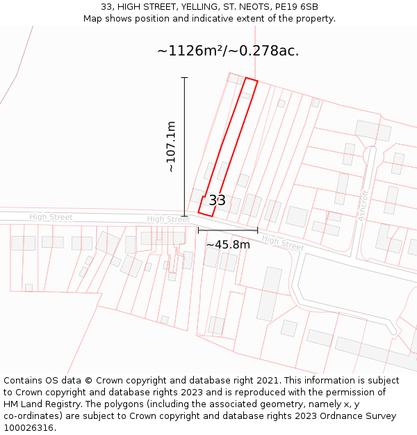 33, HIGH STREET, YELLING, ST. NEOTS, PE19 6SB: Plot and title map