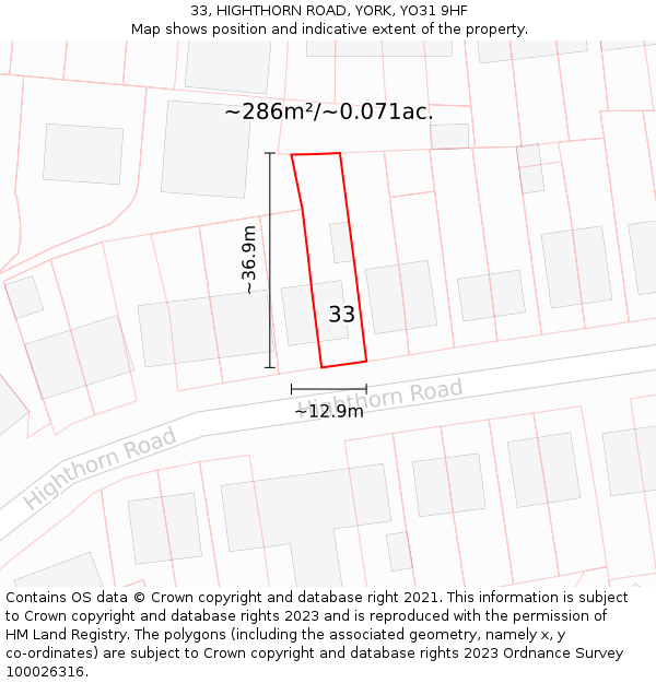 33, HIGHTHORN ROAD, YORK, YO31 9HF: Plot and title map
