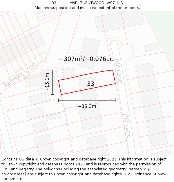 33, HILL LANE, BURNTWOOD, WS7 1LS: Plot and title map