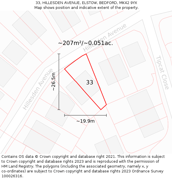 33, HILLESDEN AVENUE, ELSTOW, BEDFORD, MK42 9YX: Plot and title map