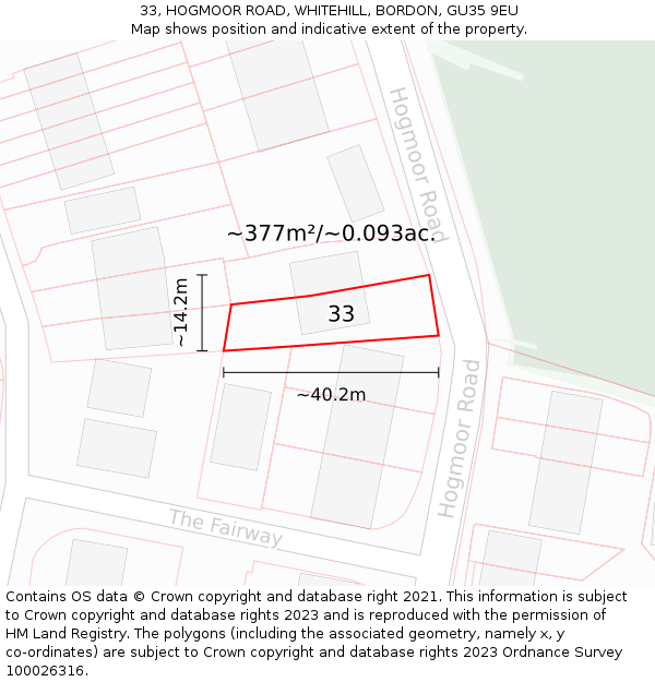 33, HOGMOOR ROAD, WHITEHILL, BORDON, GU35 9EU: Plot and title map