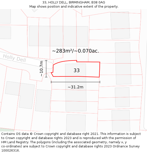 33, HOLLY DELL, BIRMINGHAM, B38 0AG: Plot and title map