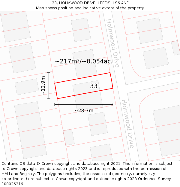 33, HOLMWOOD DRIVE, LEEDS, LS6 4NF: Plot and title map