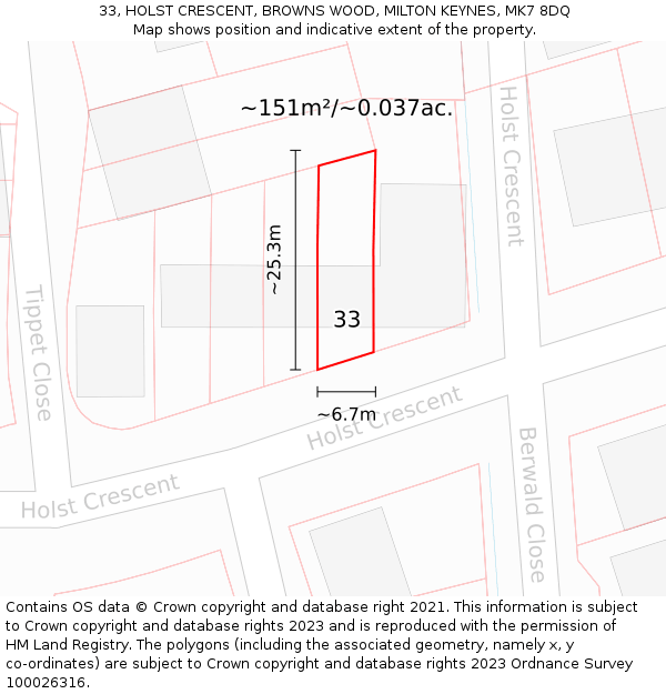 33, HOLST CRESCENT, BROWNS WOOD, MILTON KEYNES, MK7 8DQ: Plot and title map