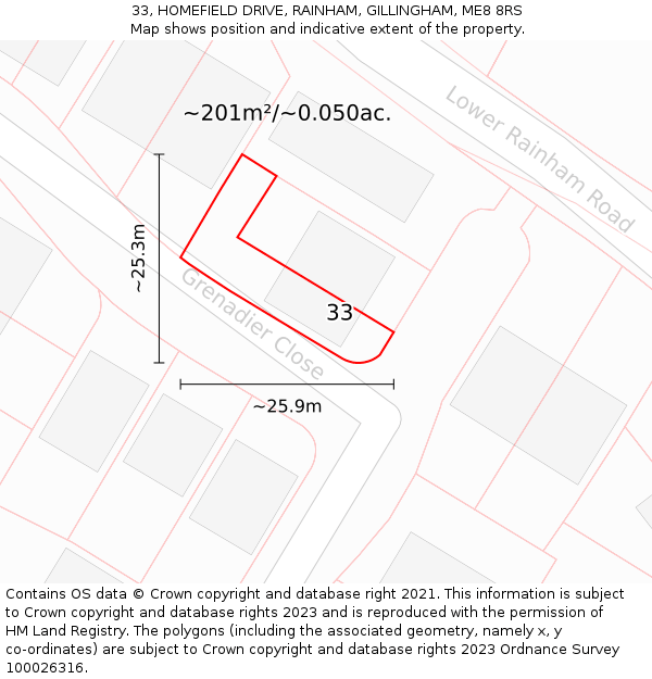 33, HOMEFIELD DRIVE, RAINHAM, GILLINGHAM, ME8 8RS: Plot and title map