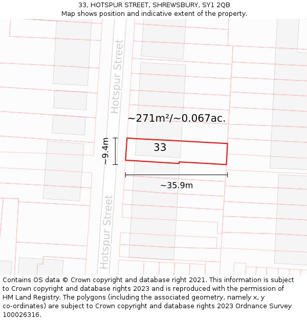 33, HOTSPUR STREET, SHREWSBURY, SY1 2QB: Plot and title map