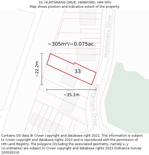 33, HUNTSMANS DRIVE, HEREFORD, HR4 0PN: Plot and title map