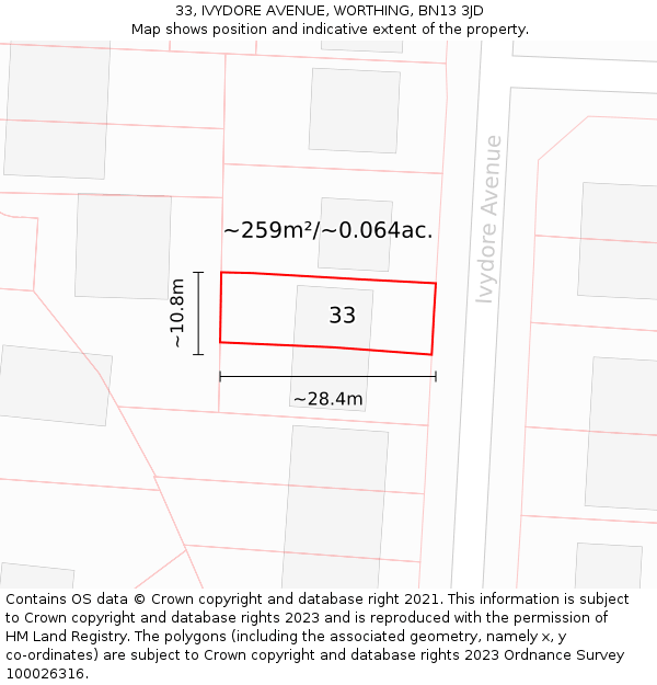 33, IVYDORE AVENUE, WORTHING, BN13 3JD: Plot and title map