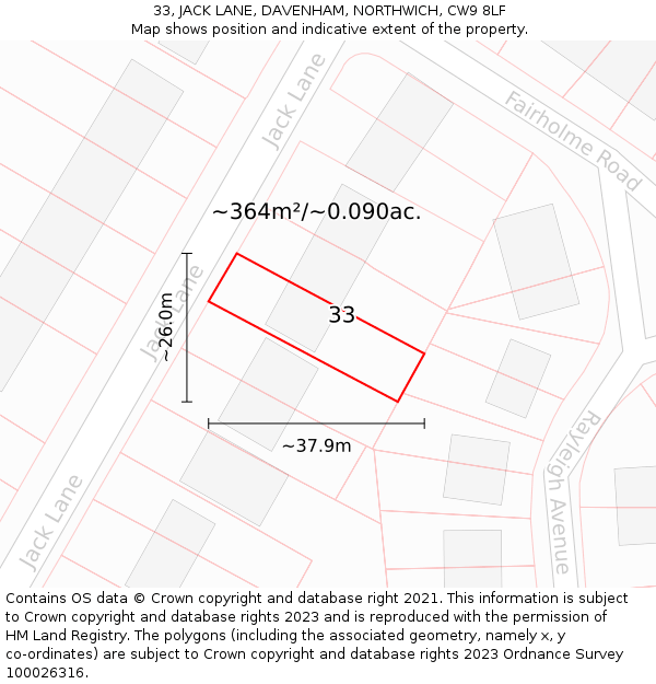 33, JACK LANE, DAVENHAM, NORTHWICH, CW9 8LF: Plot and title map