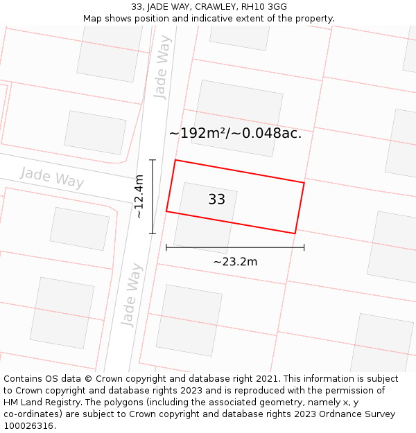 33, JADE WAY, CRAWLEY, RH10 3GG: Plot and title map