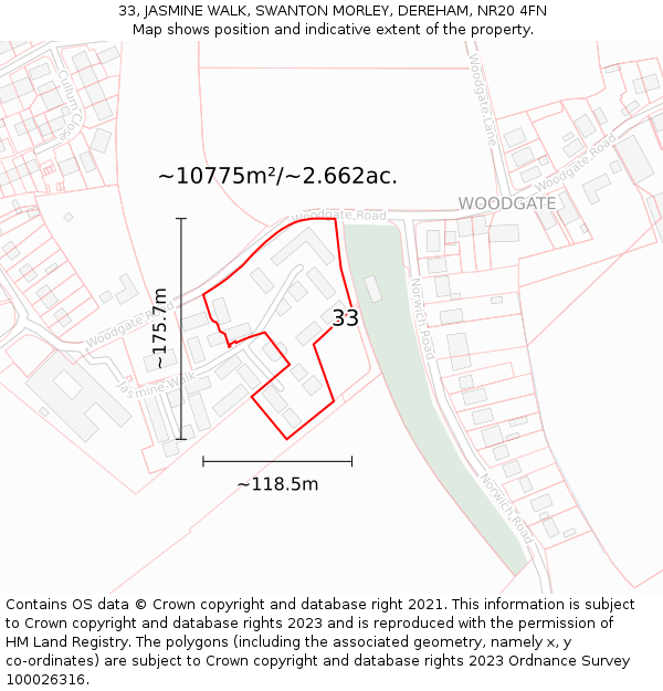 33, JASMINE WALK, SWANTON MORLEY, DEREHAM, NR20 4FN: Plot and title map