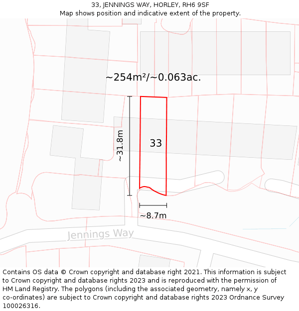 33, JENNINGS WAY, HORLEY, RH6 9SF: Plot and title map