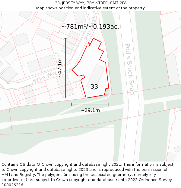 33, JERSEY WAY, BRAINTREE, CM7 2FA: Plot and title map