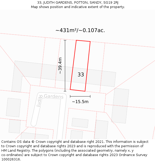 33, JUDITH GARDENS, POTTON, SANDY, SG19 2RJ: Plot and title map