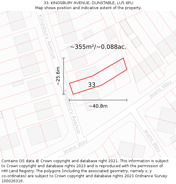 33, KINGSBURY AVENUE, DUNSTABLE, LU5 4PU: Plot and title map