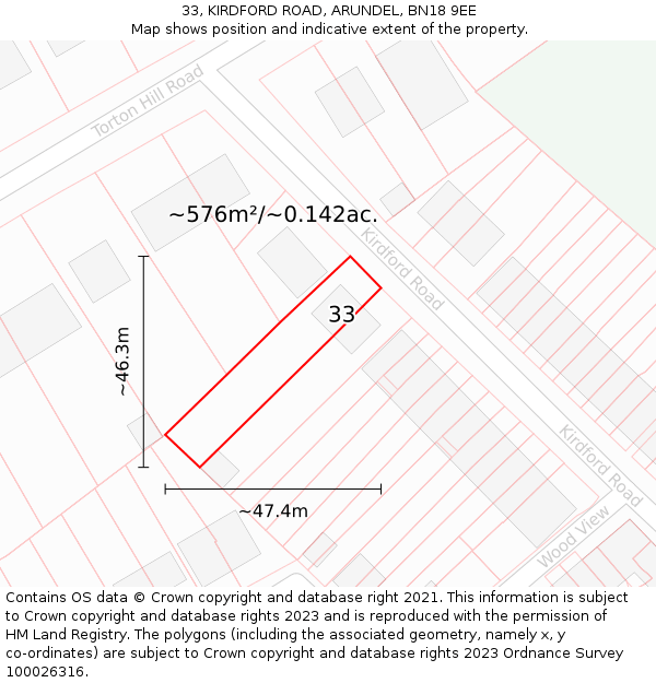 33, KIRDFORD ROAD, ARUNDEL, BN18 9EE: Plot and title map