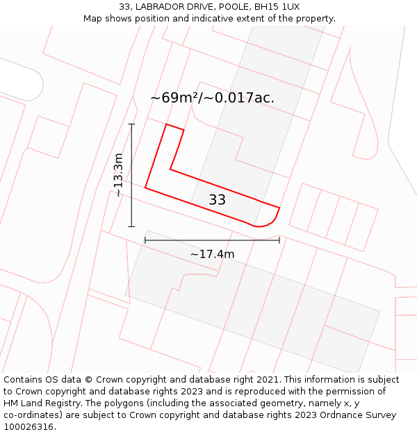 33, LABRADOR DRIVE, POOLE, BH15 1UX: Plot and title map