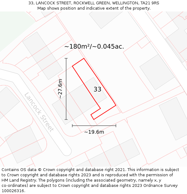 33, LANCOCK STREET, ROCKWELL GREEN, WELLINGTON, TA21 9RS: Plot and title map