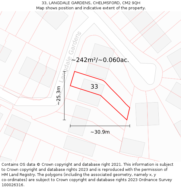 33, LANGDALE GARDENS, CHELMSFORD, CM2 9QH: Plot and title map