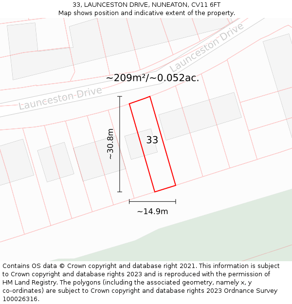 33, LAUNCESTON DRIVE, NUNEATON, CV11 6FT: Plot and title map
