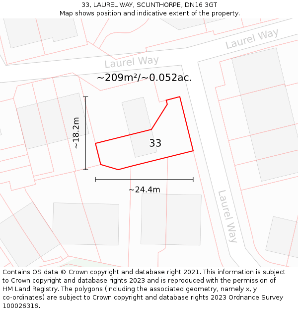 33, LAUREL WAY, SCUNTHORPE, DN16 3GT: Plot and title map