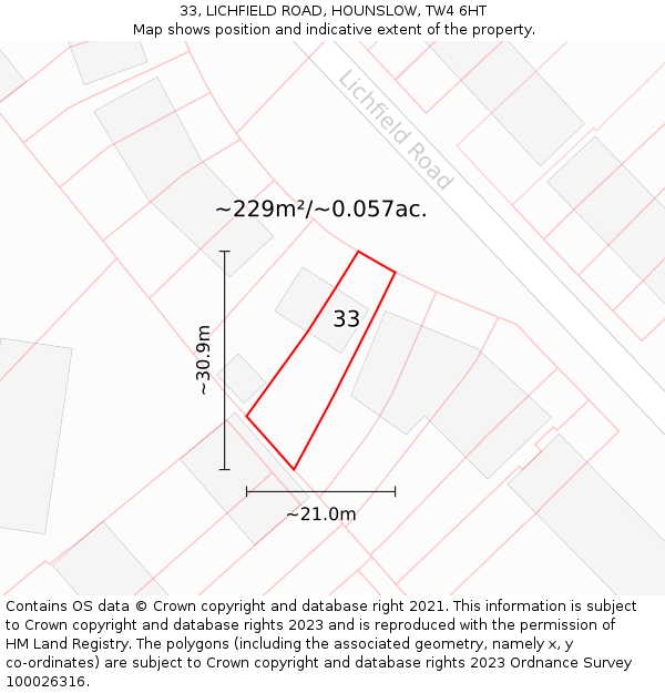 33, LICHFIELD ROAD, HOUNSLOW, TW4 6HT: Plot and title map