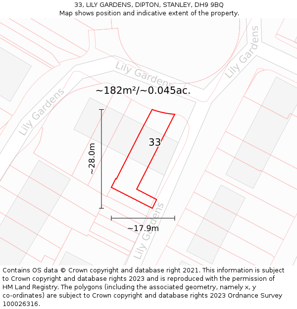 33, LILY GARDENS, DIPTON, STANLEY, DH9 9BQ: Plot and title map