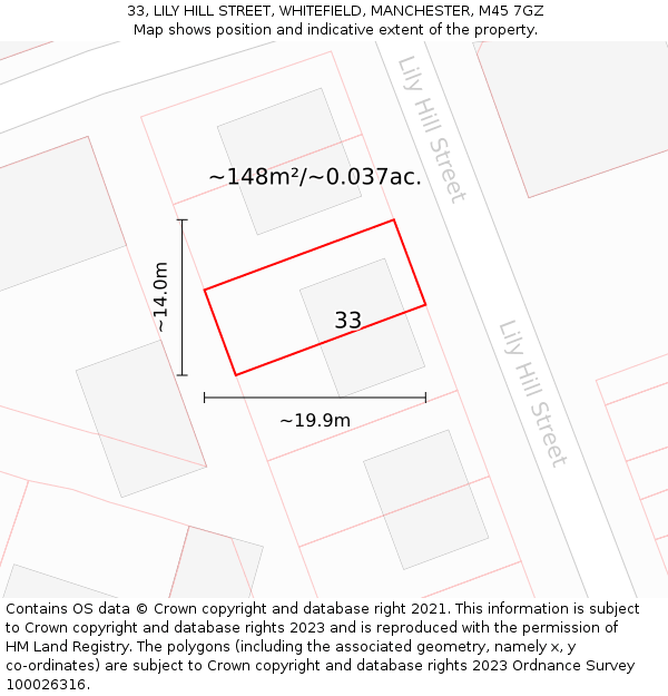 33, LILY HILL STREET, WHITEFIELD, MANCHESTER, M45 7GZ: Plot and title map