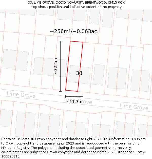 33, LIME GROVE, DODDINGHURST, BRENTWOOD, CM15 0QX: Plot and title map