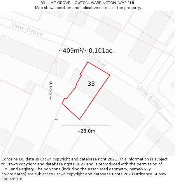 33, LIME GROVE, LOWTON, WARRINGTON, WA3 1HL: Plot and title map