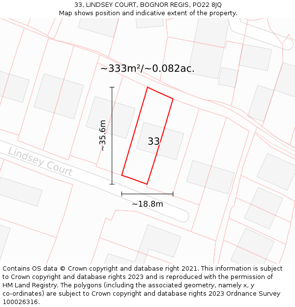 33, LINDSEY COURT, BOGNOR REGIS, PO22 8JQ: Plot and title map