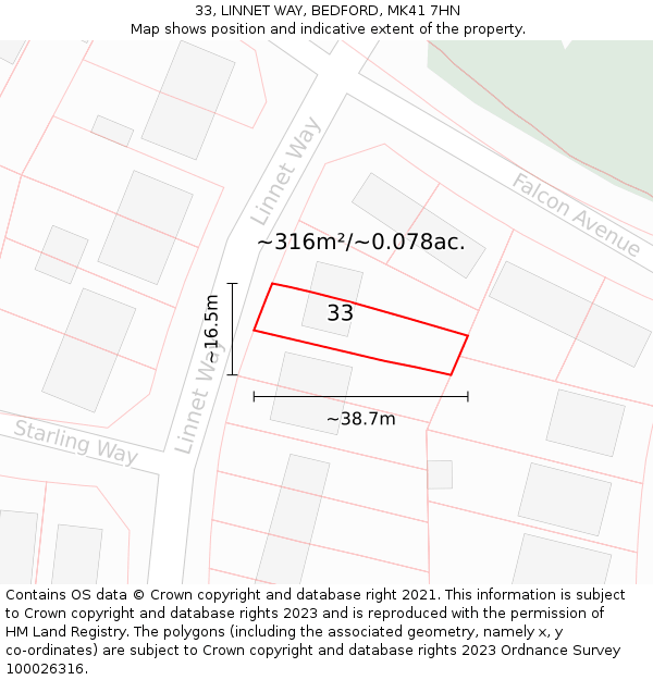 33, LINNET WAY, BEDFORD, MK41 7HN: Plot and title map