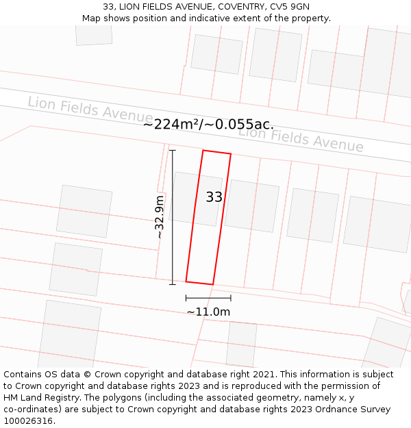 33, LION FIELDS AVENUE, COVENTRY, CV5 9GN: Plot and title map