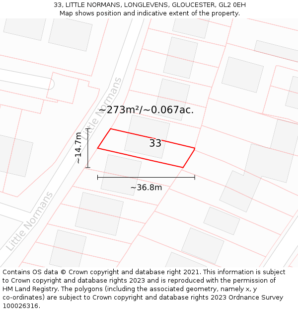 33, LITTLE NORMANS, LONGLEVENS, GLOUCESTER, GL2 0EH: Plot and title map