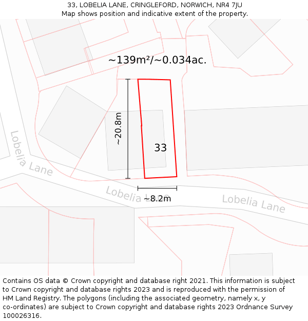 33, LOBELIA LANE, CRINGLEFORD, NORWICH, NR4 7JU: Plot and title map