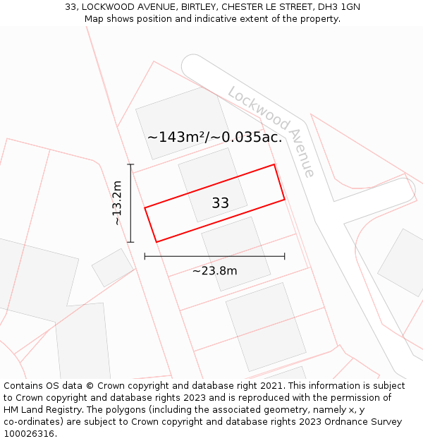 33, LOCKWOOD AVENUE, BIRTLEY, CHESTER LE STREET, DH3 1GN: Plot and title map