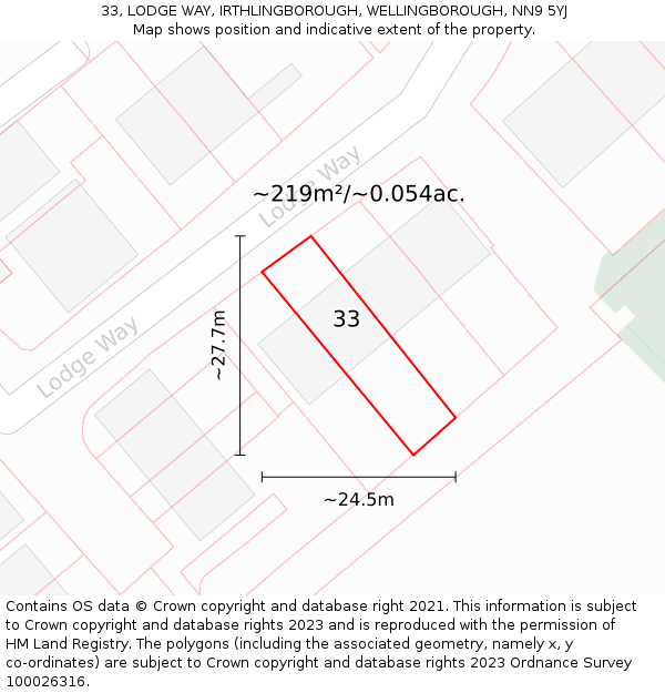 33, LODGE WAY, IRTHLINGBOROUGH, WELLINGBOROUGH, NN9 5YJ: Plot and title map