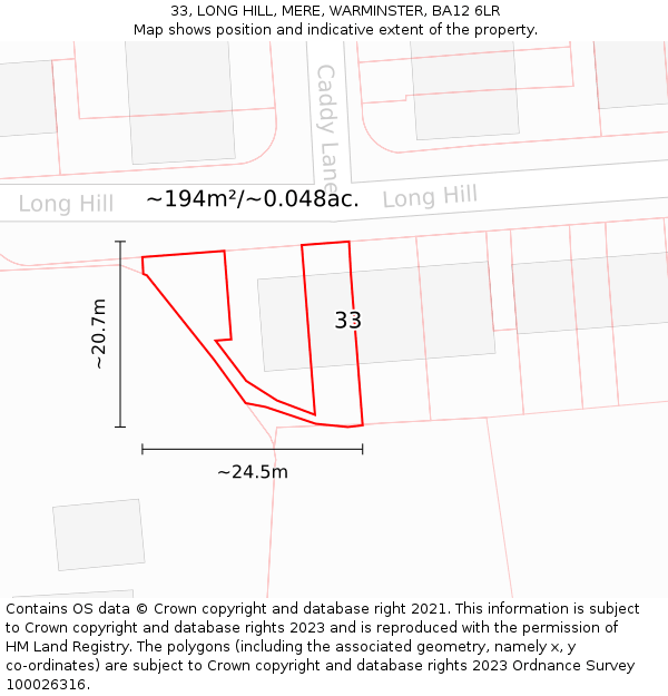 33, LONG HILL, MERE, WARMINSTER, BA12 6LR: Plot and title map