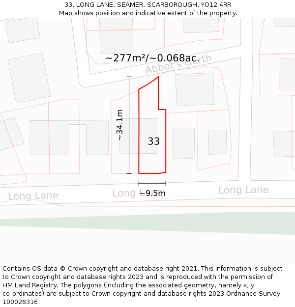 33, LONG LANE, SEAMER, SCARBOROUGH, YO12 4RR: Plot and title map