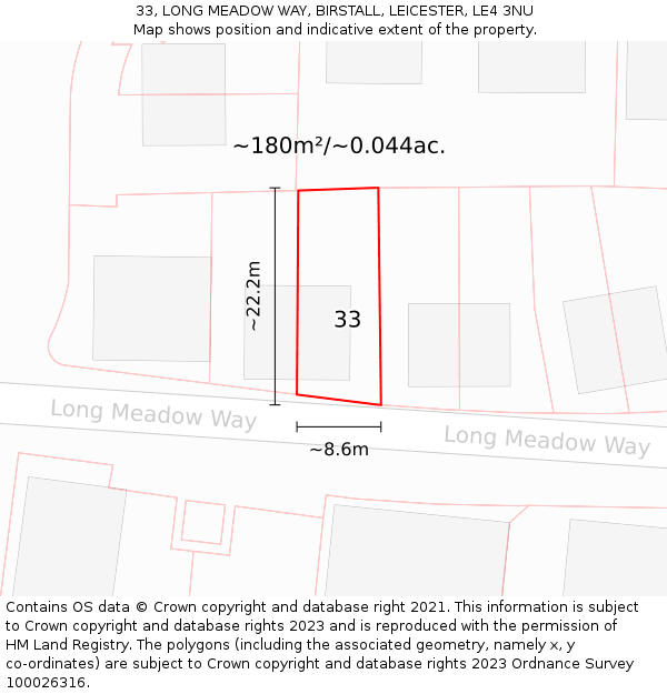 33, LONG MEADOW WAY, BIRSTALL, LEICESTER, LE4 3NU: Plot and title map